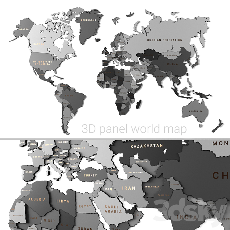 Wooden panel – world map GRAY 3DS Max - thumbnail 1