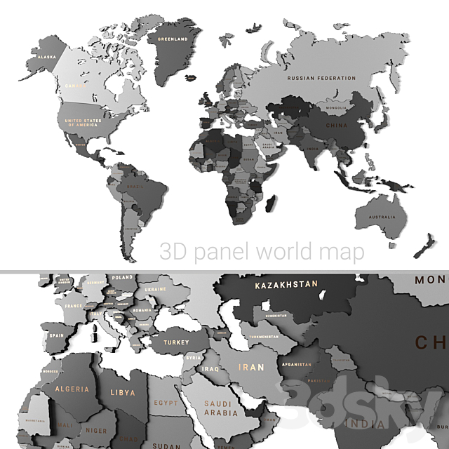 Wooden panel – world map GRAY 3DSMax File - thumbnail 1