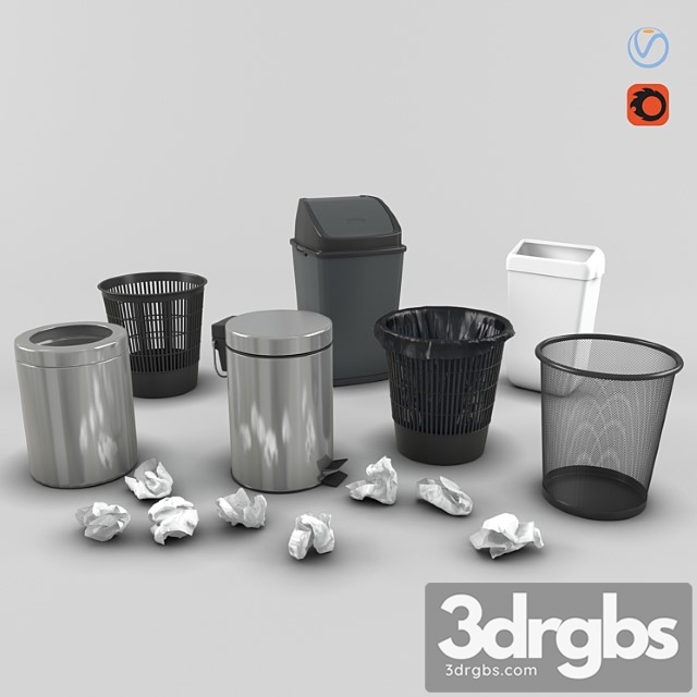Set of trash cans and crumpled paper - thumbnail 1
