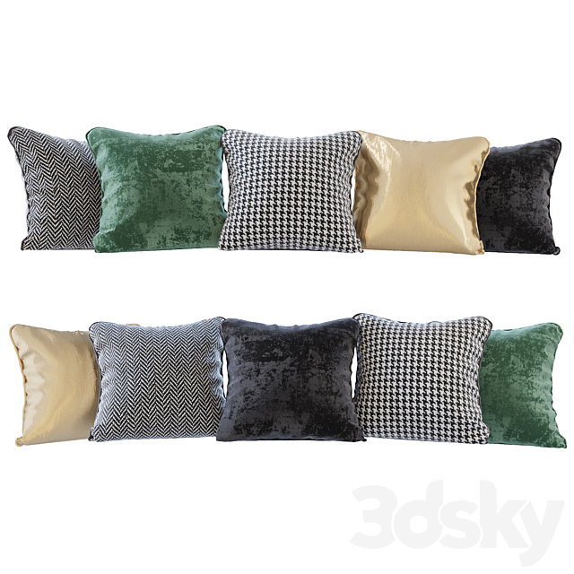 A set of pillows: black. green velvet. chevron. goose paw and gold (Pillows black green velvet chevron houndstooth and gold) 3DSMax File - thumbnail 1