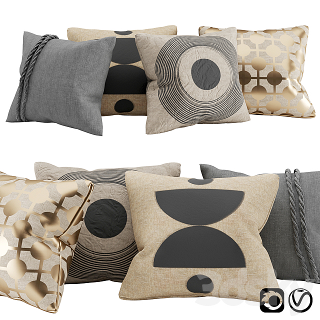 Pillows with gold. black block print and braid 3DSMax File - thumbnail 1