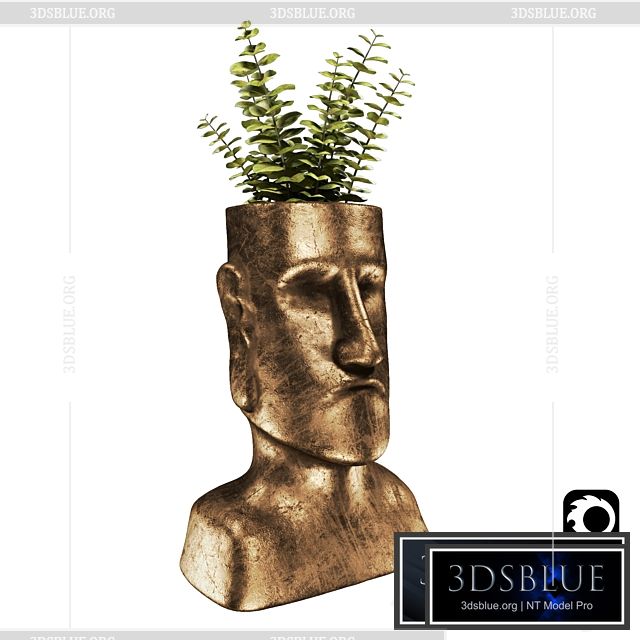 Easter Island bronze sculpture with plant 3DS Max - thumbnail 3