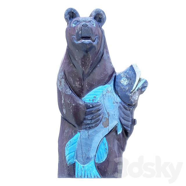 Wooden brown bear with fish 3ds Max - thumbnail 1