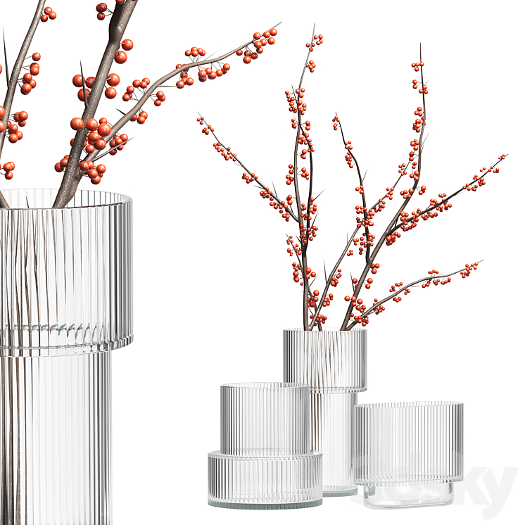 H&M Glass Vases with red berry branch 3DS Max Model - thumbnail 3