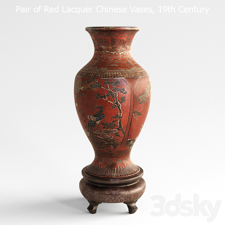 Pair of Red Lacquer Chinese Vases 3DS Max Model - thumbnail 1