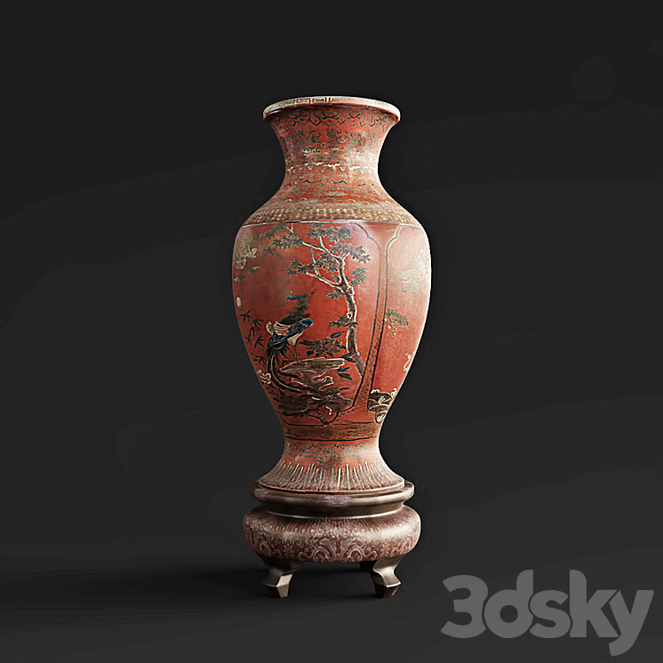 Pair of Red Lacquer Chinese Vases 3DS Max Model - thumbnail 2