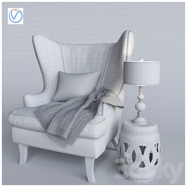 Armchair and knitted plaid Vray 3DS Max Model - thumbnail 2