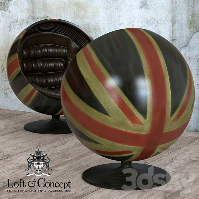 Armchair Ball Pod Chair Union Jack & Brown Leather 3DS Max Model - thumbnail 3