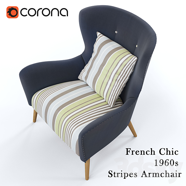 French Chic 1960s Stripes Armchair 3DSMax File - thumbnail 2