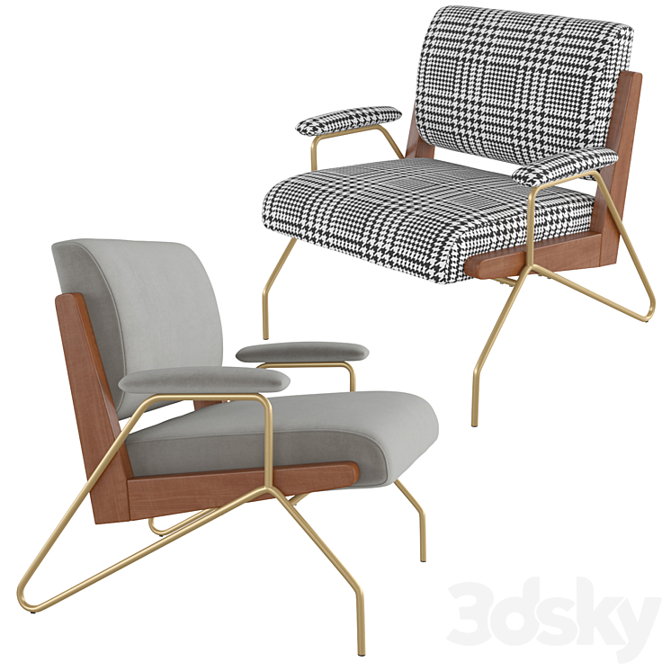 Homary-Houndstooth Accent Chair Modern Linen Upholstered Accent Chair Modern Chair in Gold Legs 3DS Max - thumbnail 2