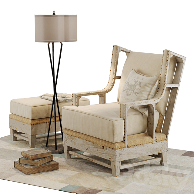 Kathy Kuo Home armchair and ottoman set 3DS Max Model - thumbnail 2