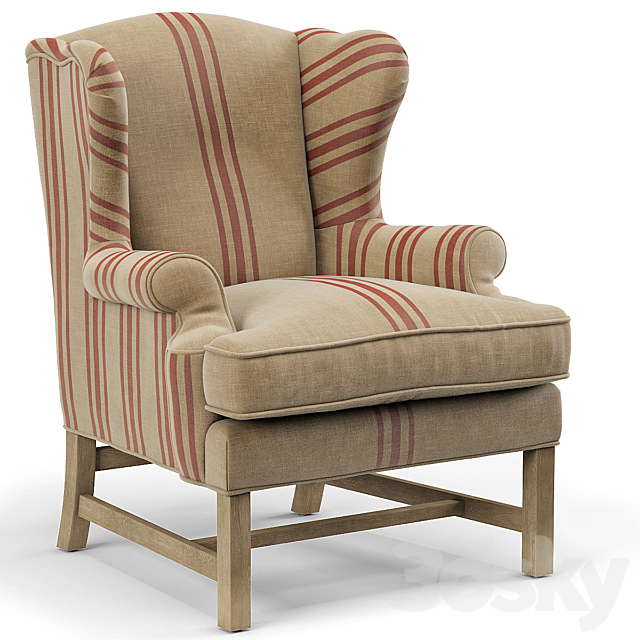 Khaki Linen English Club Chair with Red Stripe 3ds Max - thumbnail 1