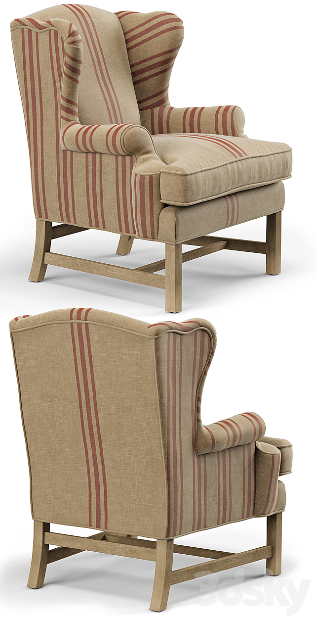 Khaki Linen English Club Chair with Red Stripe 3ds Max - thumbnail 2