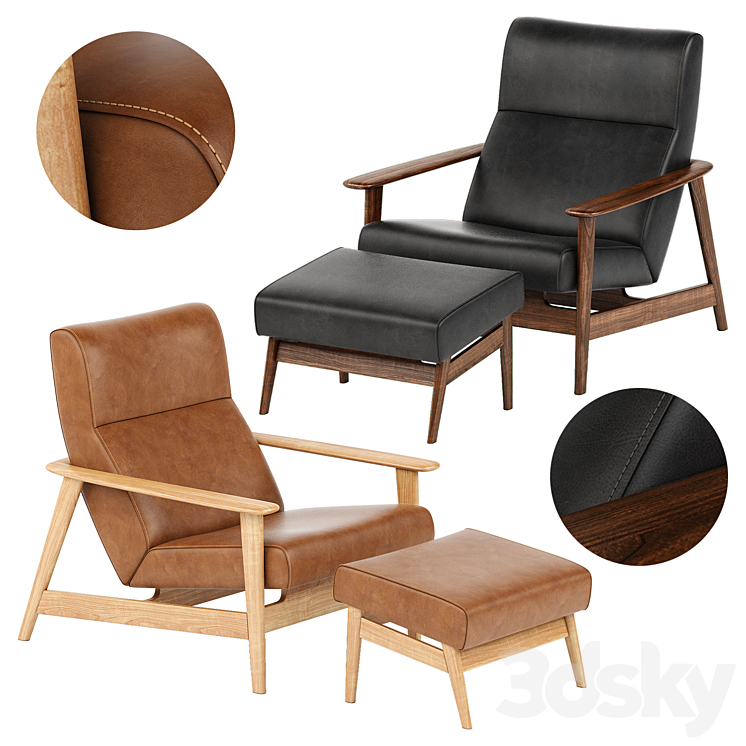 Mid-Century Show Wood Leather Chair and Ottoman 3DS Max Model - thumbnail 1