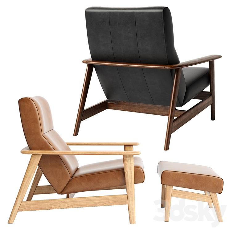 Mid-Century Show Wood Leather Chair and Ottoman 3DS Max Model - thumbnail 2