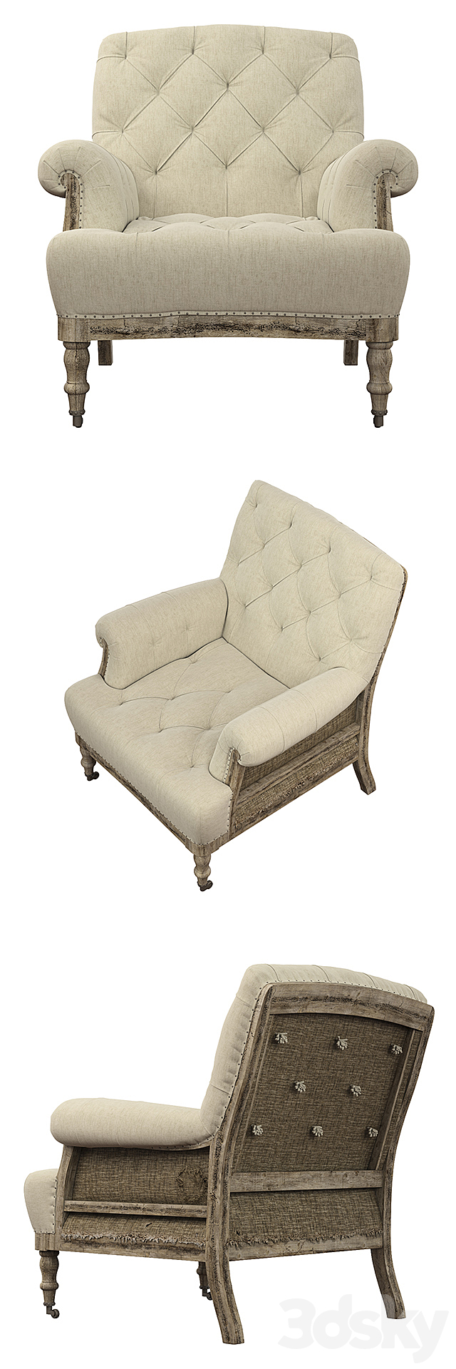 Napoleon deconstructed tufted roll armchair 3DS Max Model - thumbnail 2