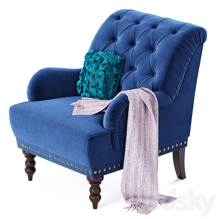 Navy Blue Velvet Armchair 3DS Max Model - thumbnail 2