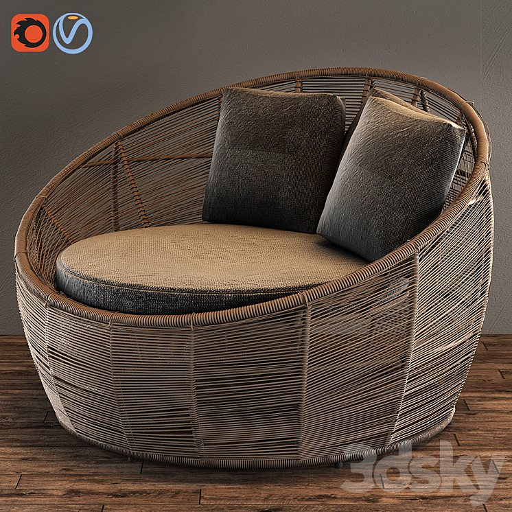 TAMARIN Round Gray Resin Wicker Garden Armchair 3DS Max - thumbnail 1