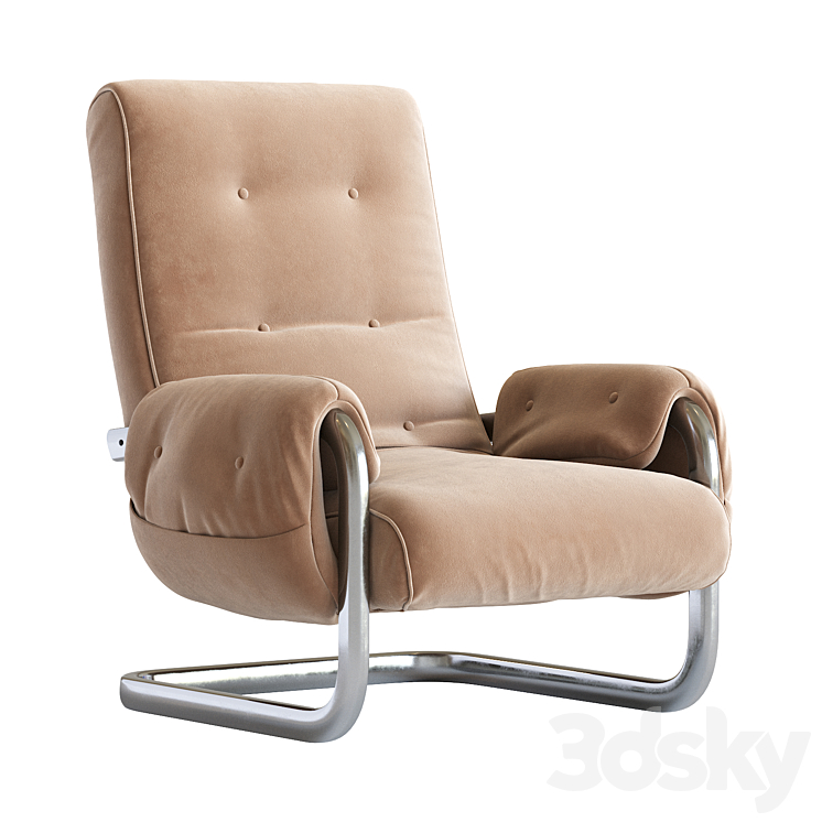 Tan Brown Mohair Velvet Large Lounge Chairs Guido Faleschini 1970's Italy 3DS Max Model - thumbnail 2