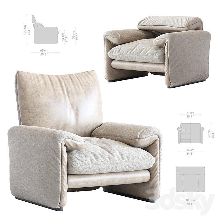 White Sheepskin Maralunga Armchair by Vico Magistretti for Cassina Italy 3DS Max - thumbnail 1