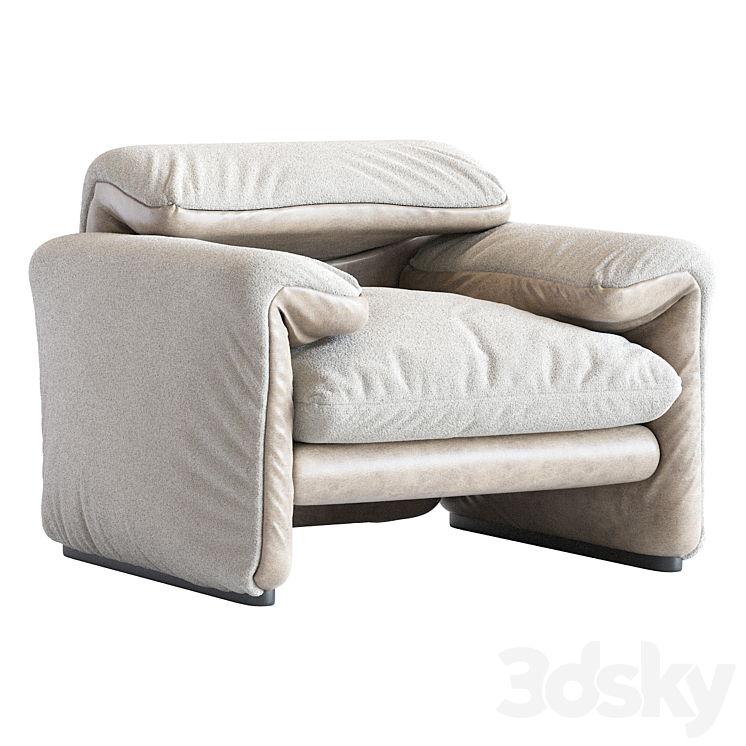 White Sheepskin Maralunga Armchair by Vico Magistretti for Cassina Italy 3DS Max - thumbnail 2