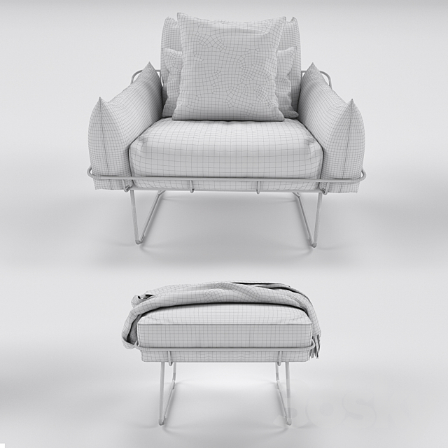 Wireframe Armchair and Ottoman 3DS Max Model - thumbnail 2