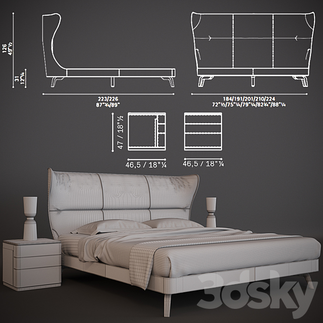 Bed Poltronafrau MAMY BLUE BED and bedside tables FIDELIO NOTTE 3DSMax File - thumbnail 3