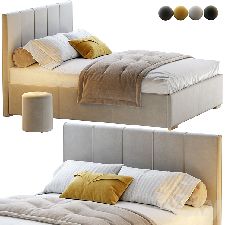 Bed Sharon 160 Velvet Milk \/ olive \/ yellow \/ gray with pouffe Kofi Divanru 3DS Max Model - thumbnail 1