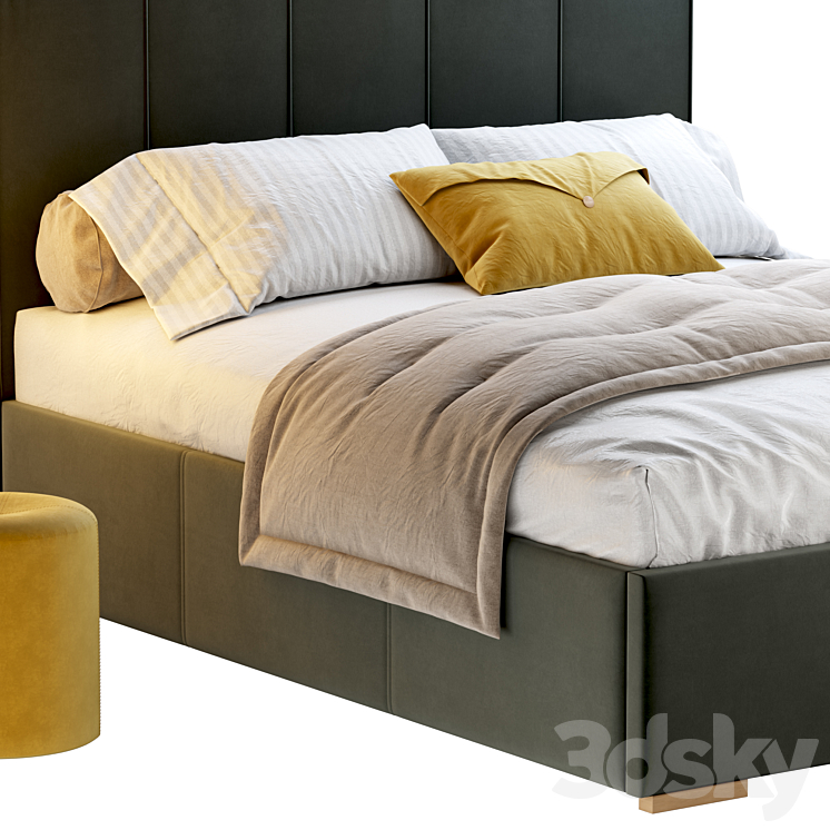 Bed Sharon 160 Velvet Milk \/ olive \/ yellow \/ gray with pouffe Kofi Divanru 3DS Max Model - thumbnail 2