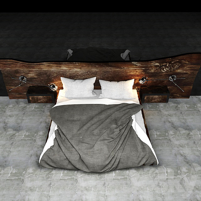 Bed with wooden headboard 3DS Max Model - thumbnail 1