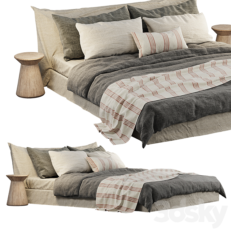 Cozy Bed with Zara Home Linen bedding and Bedhead 3DS Max Model - thumbnail 1