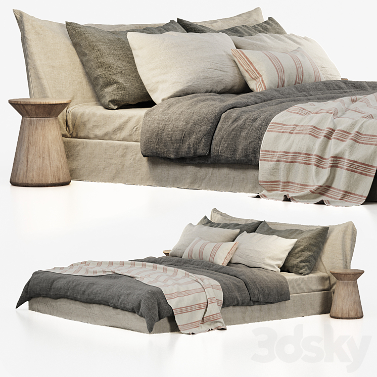 Cozy Bed with Zara Home Linen bedding and Bedhead 3DS Max Model - thumbnail 2