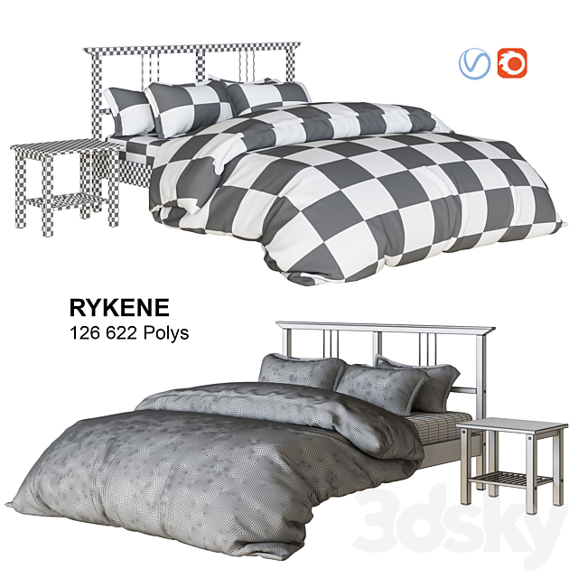 IKEA RYKENE bed with linen 3DSMax File - thumbnail 3