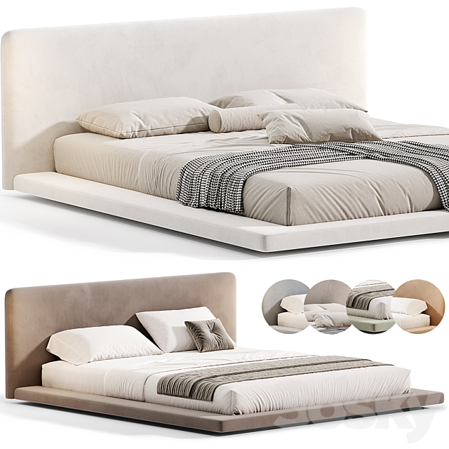 Modern White Upholstered Panel Bed By litfad 3ds Max - thumbnail 3