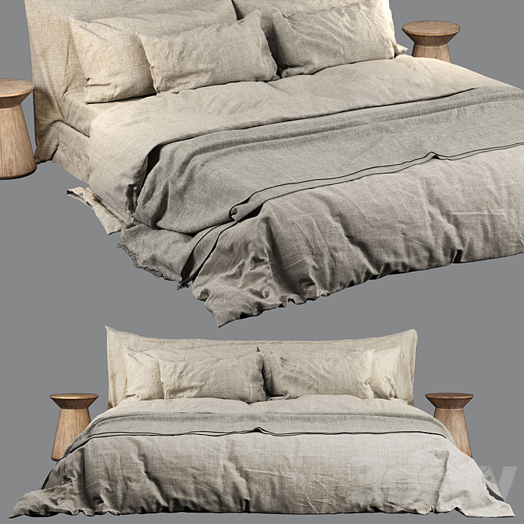 Neutral Colored Cozy Bed with Zara Home Linen Bedding 02 3DS Max Model - thumbnail 2