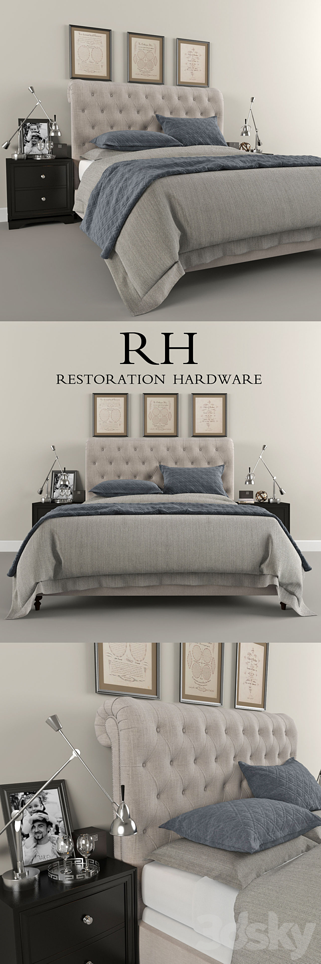 Restoration Hardware Sleigh Chesterfield Fabric bed 3DSMax File - thumbnail 1