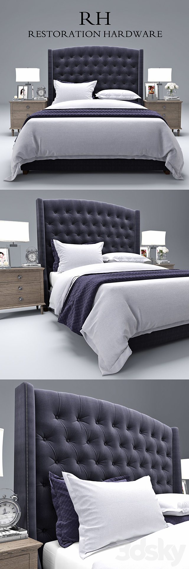 Restoration Hardware Warner Fabric Tufted bed 3DSMax File - thumbnail 2