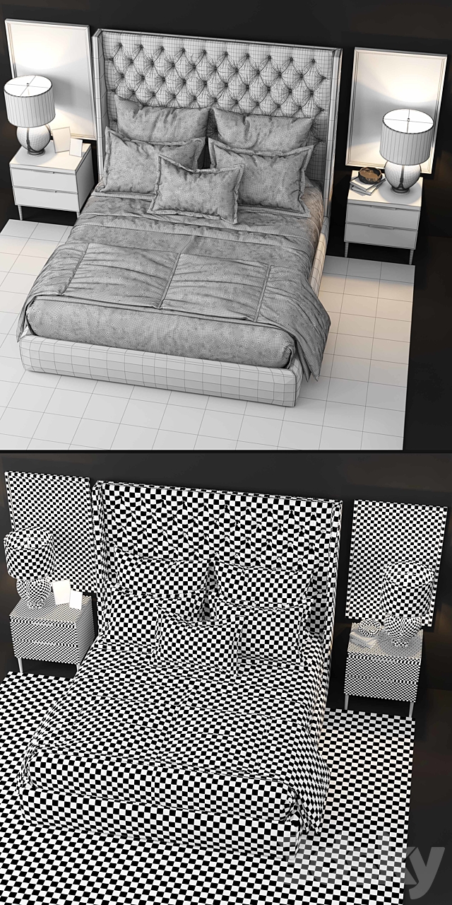 Sandringham Velvet Upholstered Winged Bed 3DSMax File - thumbnail 3