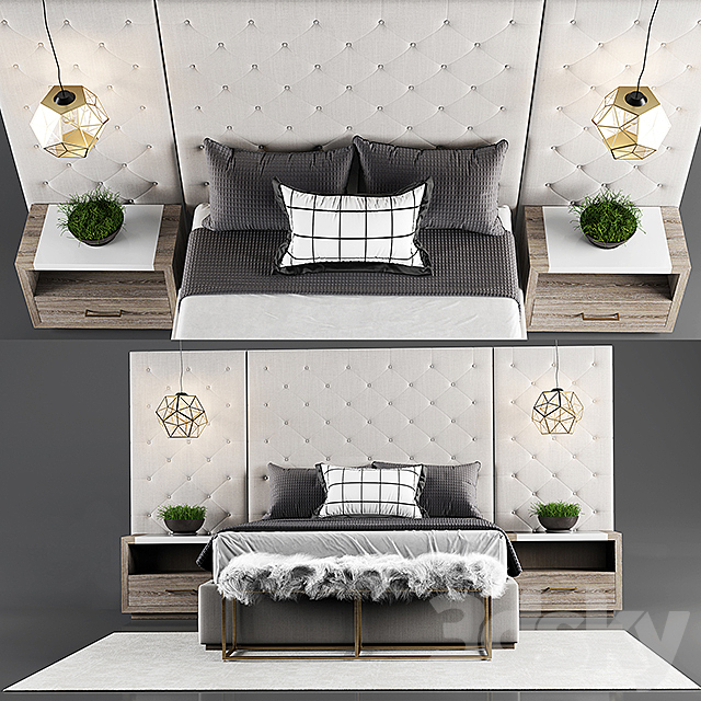 Thyne Upholstered Queen Bed With Wall Panels 3DSMax File - thumbnail 1