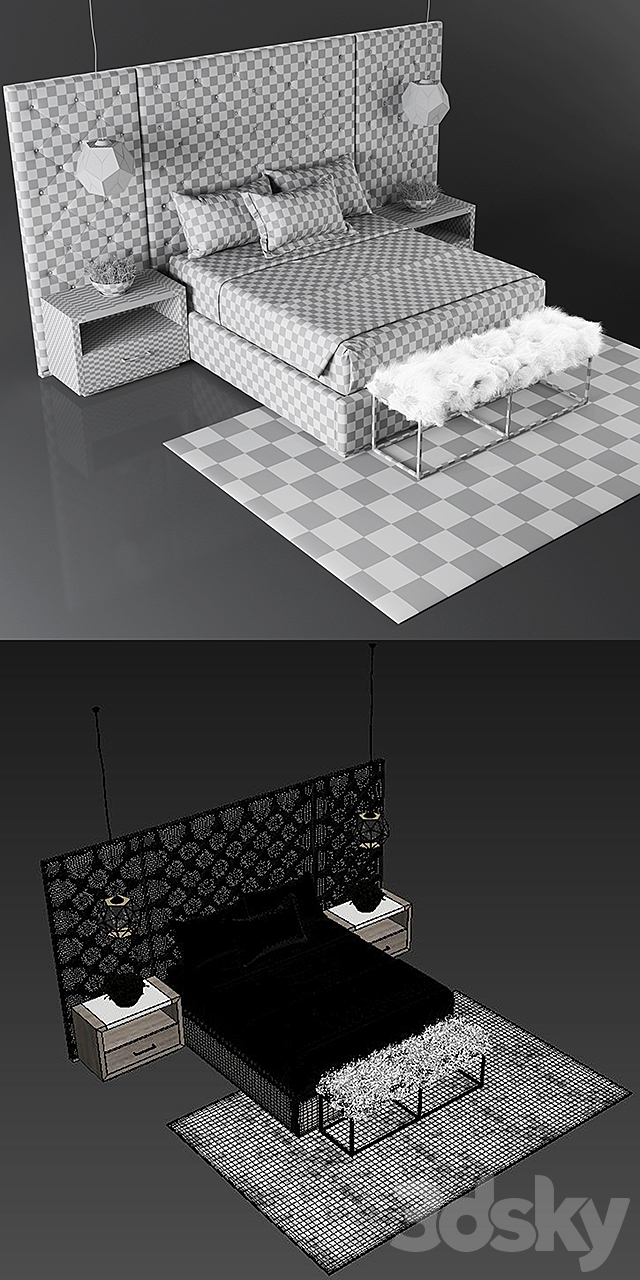 Thyne Upholstered Queen Bed With Wall Panels 3DSMax File - thumbnail 3