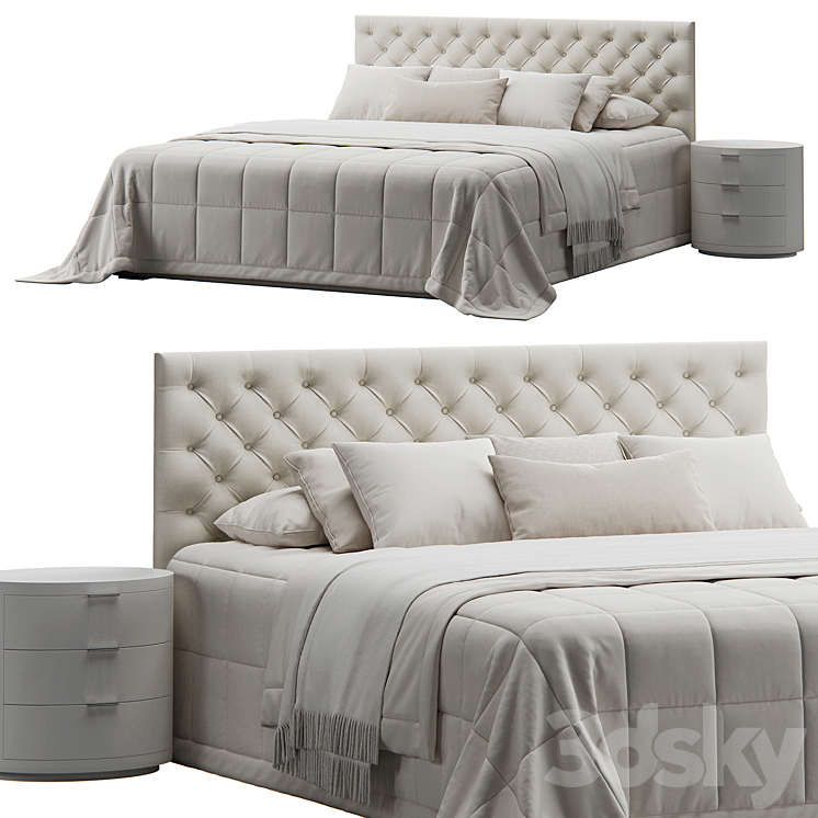 Tufted Beige Headboard Bed 3DS Max Model - thumbnail 1