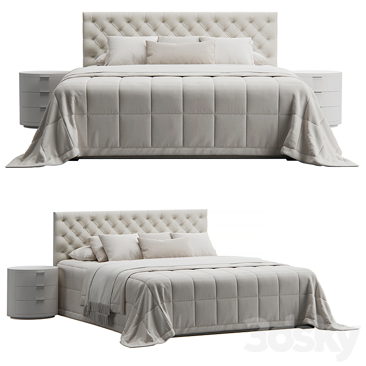 Tufted Beige Headboard Bed 3DS Max Model - thumbnail 2