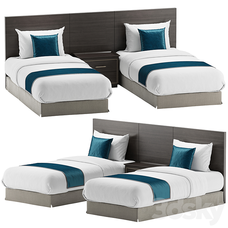 Twin bed for hotel room 2 3DS Max Model - thumbnail 1