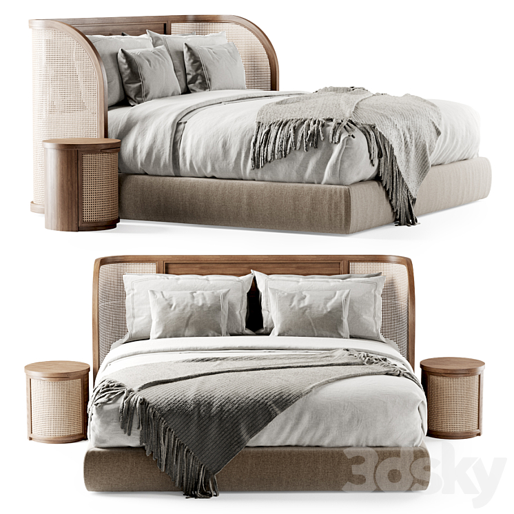 Wooden double bed DB57 \/ Double bed rattan 3DS Max Model - thumbnail 1