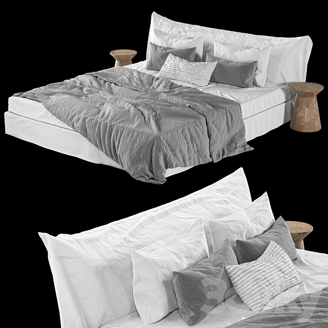 Zara Home Grey Linen Bedding on Cozy Bed 3DS Max Model - thumbnail 3