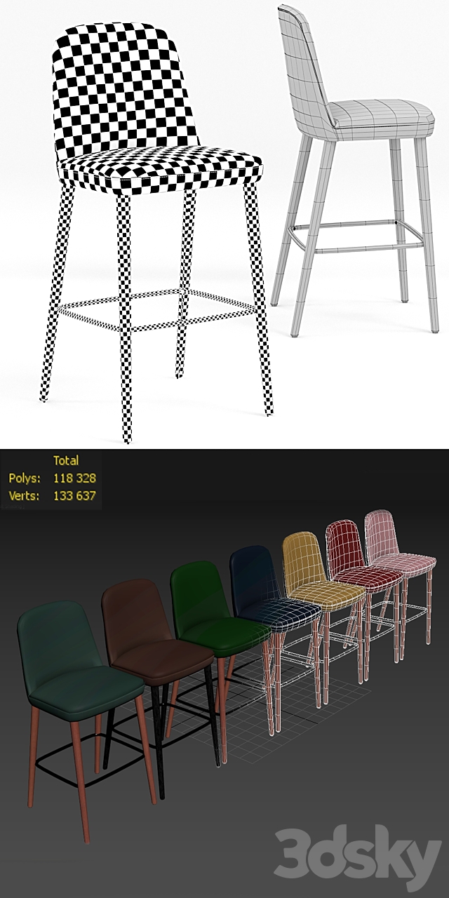 Bloom Barstool Wood Base multicolor 3DS Max Model - thumbnail 3