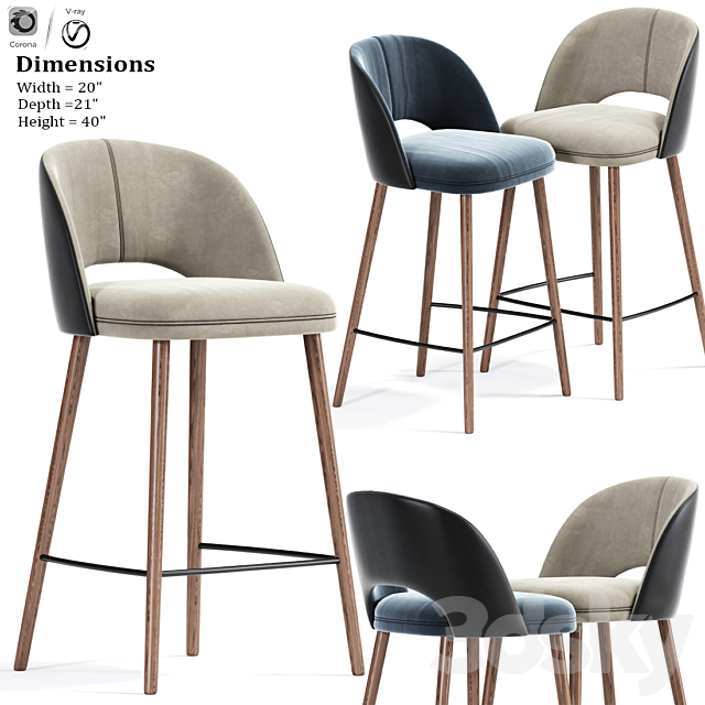 Mid Century Modern Barrel Backed Bar Stool 3DSMax File - thumbnail 1