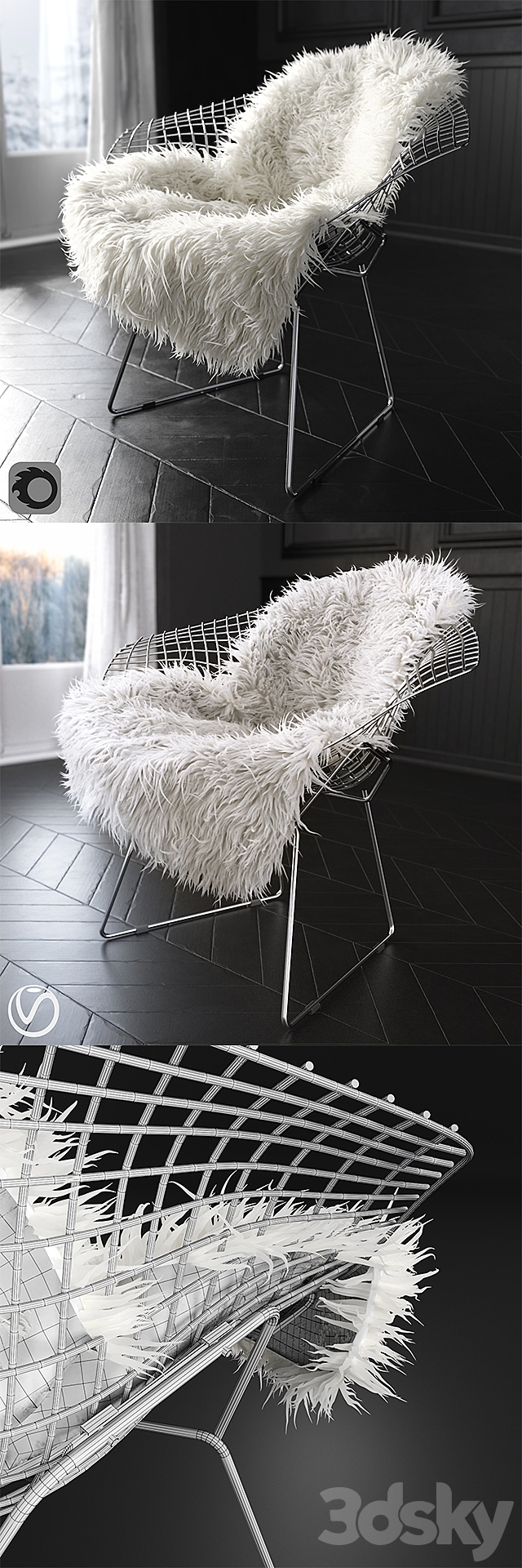 Sheepskin on Bertoia Diamond chair by Knoll 3DSMax File - thumbnail 3