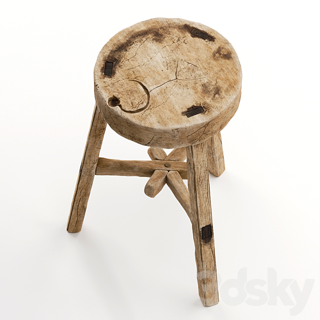 Vintage wooden stool 3DS Max Model - thumbnail 3