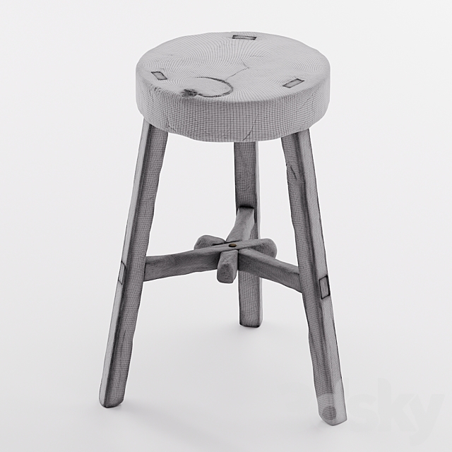 Vintage wooden stool 3DS Max Model - thumbnail 4